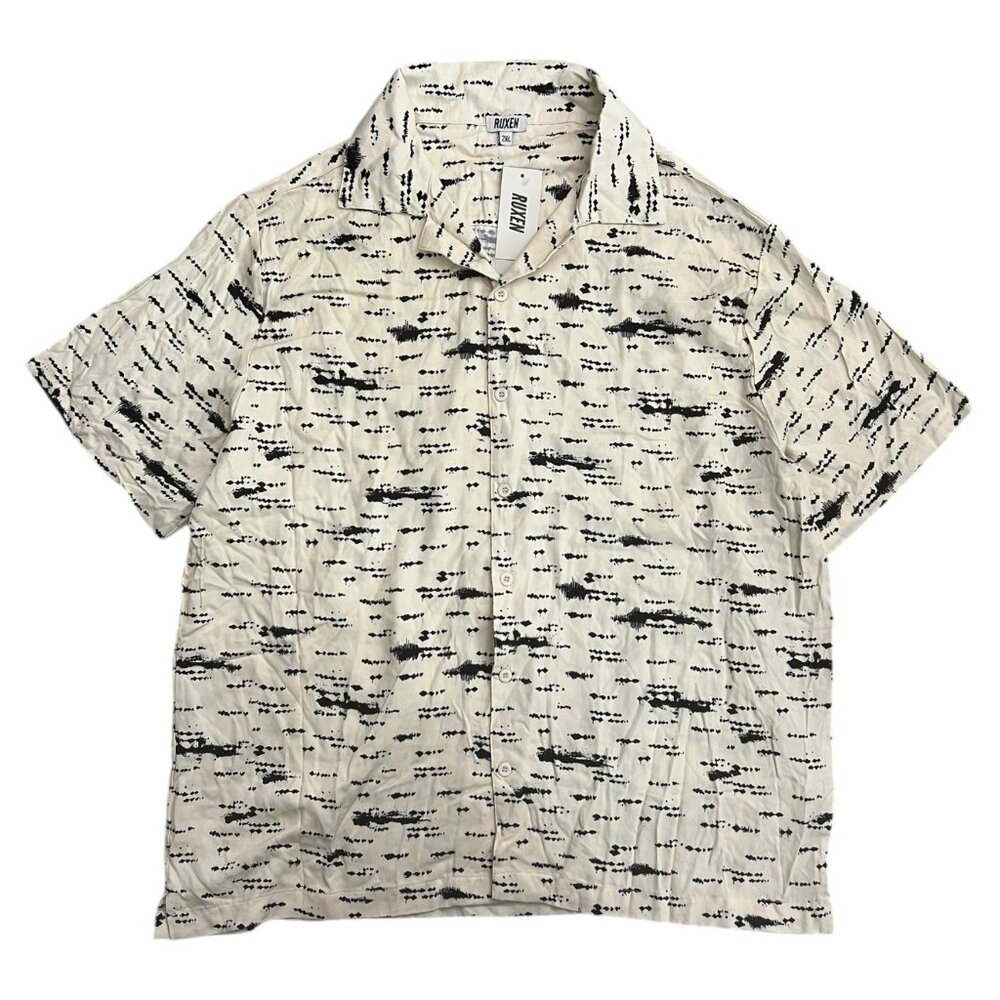 Ruxen Mens Printed Short Sleeve Button‎ Up Shirt Cream 2XL Camp Resort Retro